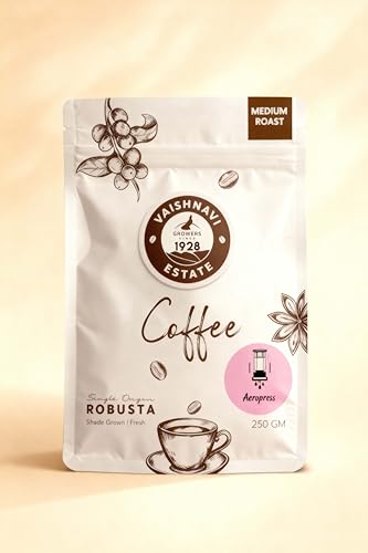 Image of Vaishnavi Estate's Medium Roast Robusta Coffee | Single Origin | Shade Grown | Freshly Roasted & Ground | Aeropress - (250g, Pack of 1)