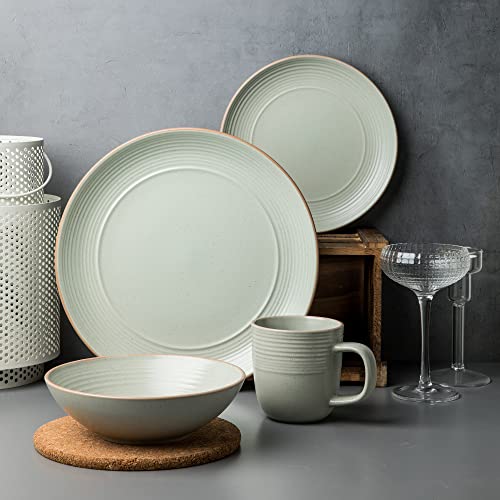 Arora Ringar Round Stoneware 16Pc Double Bowl Dinnerware Set For 4, Dinner Plates, Side Plates, Cereal Bowls, Pasta Bowls - Speckle Matte White (405878) #TOP2