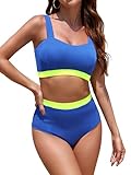 SHEKINI conjuntos de trajes de dos piezas para las mujeres acolchado push up punto acanalado traje de baño de playa bragas de cintura alta triángulo bikini set Swimwear, azul/amarillo, L