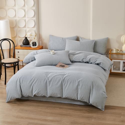 Image of VM VOUGEMARKET Mini Blue Gingham Duvet Cover King 100% Washed Cotton Bedding Set Like Linen Soft Breathable 3 Piece Classic Plaid Checkered Comforter Cover Set (King 104 inchx90 inch, Comforter Not Included)