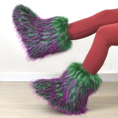 Image of Fashion Fur Boots,Flat Heel Comfy Plush Warm Snow Booties,2025 Winter Outdoors Furry Boots,Mid-Calf Faux fur Boot for Women.