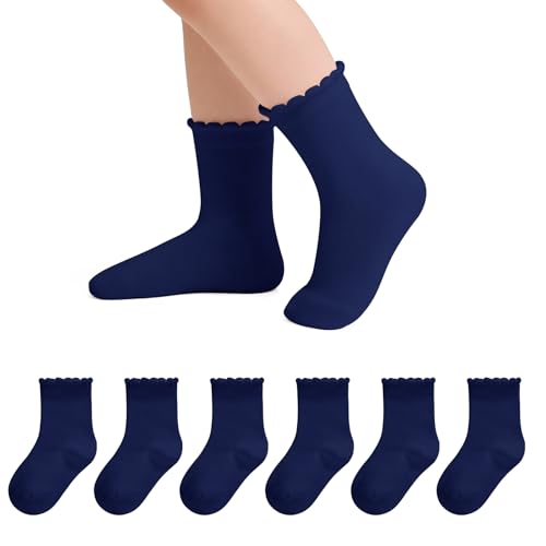 Witwot 6 Pairs Girls White Socks Soft Cotton Ruffle Sock School Uniform Dress Socks Navy 10-12 Years