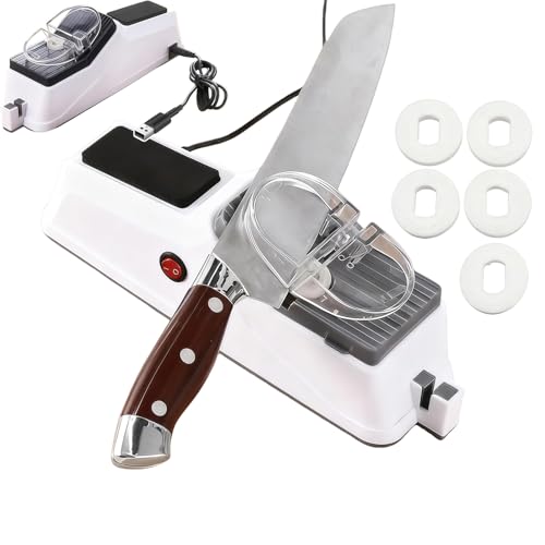 Electric Knife Sharpener, USB-Rechargeable Machine with Safety Guard, Dual-Side Slots for Knives & Scissors, 5 Grinding Discs, Fast 5-Second Touch-Up, Compact Countertop Size