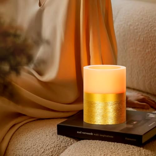 Image of Flickering Flame LED Pillar Candle, Gold Flameless Candle with Timer, 5 Inches Height, Home Decoration, Party Celebration