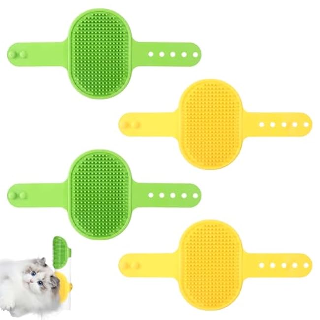 4Pcs Adjustable Cat Self Groomer, Silicone Cat Brushes for Indoor Cats Grooming Self Cleaning, Cats Face Scratchers Massager for Corner Scratcher, Pet Supplies (Green & Yellow)-aGV9CwJy