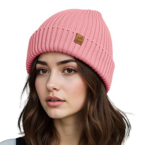 ACUSHLA Waterproof Windproof Cuff Beanie Winter Hat Stretchy Soft Cuffed Wooly Beanie with Thermal Thick Fleece Lining, Gifts for Men/Women/Her/Him (Pink)