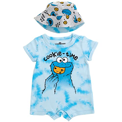 Image of Sesame Street Elmo Cookie Monster Big Bird Romper and Bucket Sun Hat Newborn to Toddler