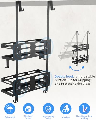 Duschablage zum Hängen Ohne Bohren, Duschregal zum Hängen für Rahmenlos Glastür/Duschwände, Duschablage 0hne Bohren Schwarz, 2 Schichtiger Badezimmer Organizer mit 2 Duschkörben + Glaswischerhalterung