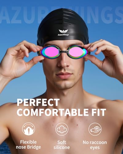 AzureWings Swim Goggles + Swim Cap for Men & Women,Upgraded Anti-Fog UV Swimming Goggles,No Leak Comfort Fit HD Adult Goggles（6 in 1 ） (Pink) — view 2