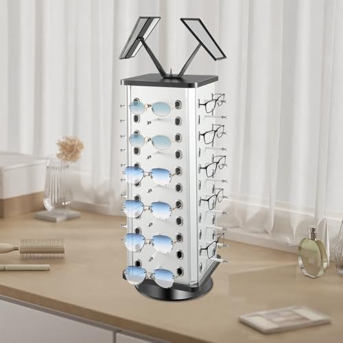 REHOUPTU 360°Rotating Eyeglass Display Rack, Glasses Display Stand, 44 Pairs Capacity, Sunglasses Holder/Organizer with Mirrors, Easy Assembly, Ideal for Eyeglasses of All Styles (Square)