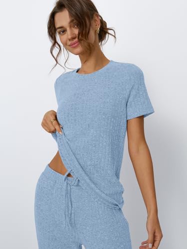 Image of LILLUSORY Womens Lounge Sets 2 Piece Matching Travel Outfits | Lightweight Ribbed 2 Piece Set, Breathable, Stretchy, Wrinkle-Resistant, Travel Ready, Versatile