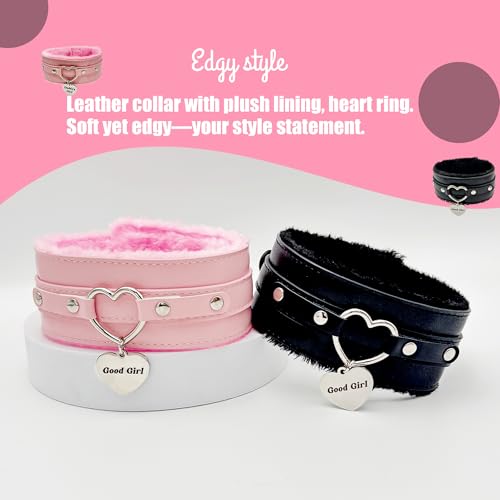paloli Furry Heart Leather Choker Collar for Women – Personalized Engraved Heart Pendant, Handmade Adjustable Faux Fur Necklace, Cute Gothic Fashion Jewelry2