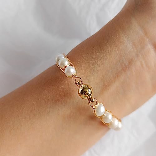 Bracelet jonc acier mémoire perles eau douce et fil plaqué or artisanal