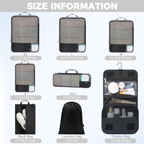 Image of BAGAIL 4 Set /6 Set /8 Set Compression Packing Cubes Travel Accessories Expandable Packing Organizers (Half Mesh, 8-Jet Black)