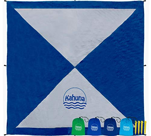 Kahuna Large Beach Blanket Sandproof - Compact Sand Free Beach Blanket, Beach Sheet, Picnic Blanket, Beach Tarp Blanket. Durable, Lightweight Nylon. with Stakes and Sand Anchor Pockets Blue/Gray