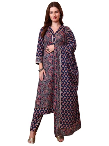 Tissu Women's Pure Cotton Blue Floral Printed Kurta Palazzo Set with Dupatta (794_Blue_XL)