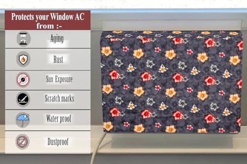 Image of The Furnishing Tree Elastic fit waterproof Polyester window ac cover suitable for Croma 1 Ton, Dustproof cover for inner and outer section, In CM: (48.26x59.69x38.74), Floral Pattern Grey