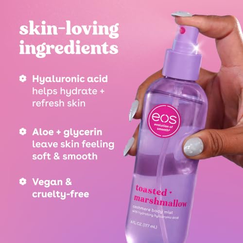 Image of eos Cashmere Body Mist, Toasted Marshmallow, Toasted Vanilla, Sweet Marshmallow, Hair Mist, Body Spray for Women Moisturizing, Hyaluronic Acid, Vanilla Body Spray, Vegan, Cruelty-free, 6 fl oz