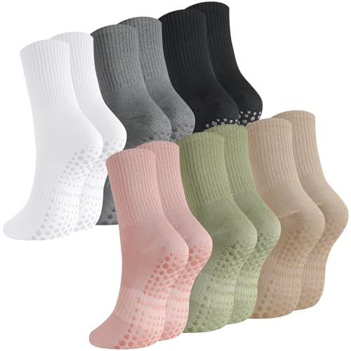Zuimei 6 Pairs Non Slip Pilates Yoga Socks, Women's, Female, Athletic Socks, Pilates Socks, White, Green, Grey, Black, Pink, Brown, UK 4-7