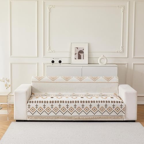 Image of HOMETHREADS Chenille Bohemian Boho Style Sofa Cover | Thick & Soft Luxury Slipcover | Protective, Washable & Stylish Couch Cover for Living Room Decor. (Bohemian Beige, 3 Seater | 180x180cm)