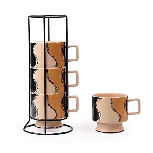 ANTIS'S HOME Stackable Coffee Mugs Set of 4 with Stand, 10 OZ Ceramic Coffee Mug Set with Rack, Espresso Cups Set Coffee Cup Set for Coffee, Tea, Cocoa, Milk, Khaki, Dishwasher & Microwave Safe