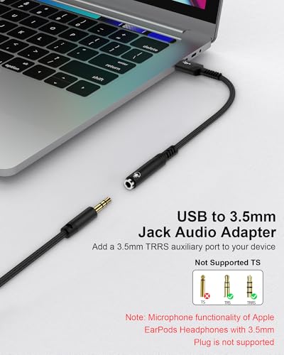 USB to 3.5mm Audio Jack Adapter, Braided USB-A Male to Aux Female Headphone TRRS Stereo Dongle Type a External Sound Card Cable Converter for PS4 PS5 Headset Laptop Mac Linux Desktops Windows -Black