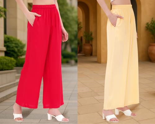 Image of Buy That Trendz Palazzo Pants for Women Cotton Rayon Elasticated Regular Fit Flared Wide Leg M to 6XL Pack of 2