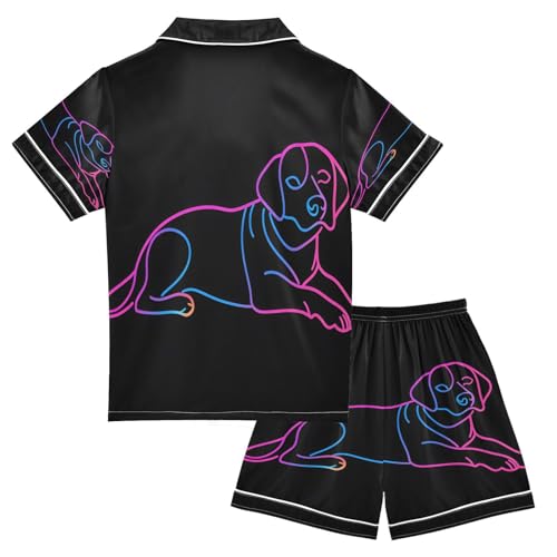 ALAZA Neon Dachshund Puppy Dog Black Satin Pajamas Set Short Sleeve Button Down Sleepwear Summer Pjs 2 Piece2