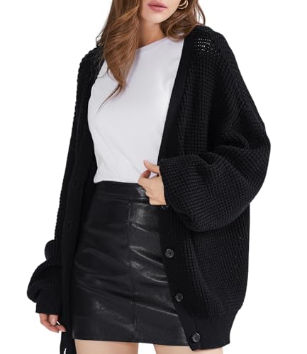 Image of QUALFORT Women's Oversized 100% Cotton Cardigan Sweater | Long Sleeve V Neck Button Down Open Front Knit Outerwear