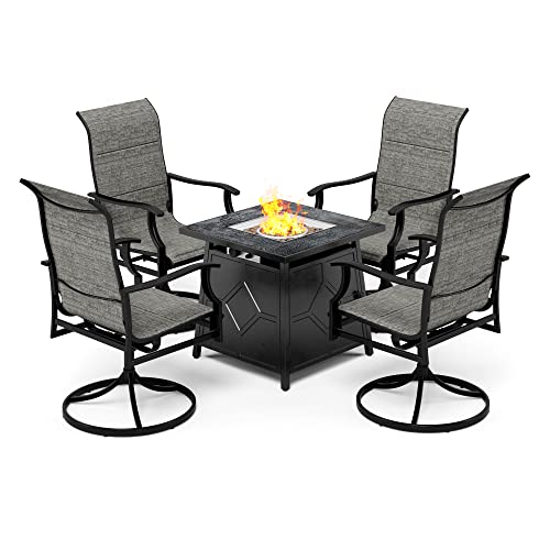 Phi Villa 5 Piece Patio Dining Set, 28 Inch 40000 Btu Square Propane Gas Fire Pit Table With Free Table Cover & 4 Swivel High Back Padded Dining Chairs, Marble Grey Terra Fab Table Top #TOP5