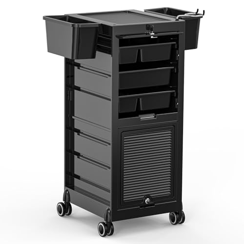 OmySalon Salon Trolley Cart, Hair Stylist Station with 2 Lockable Doors, Rolling Hair Cart Organizer with Drawers & Bucket & Dryer Holder, Barber Shop Hairdressing Beauty Tattoo Versatile Equipment