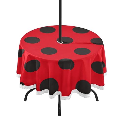Outdoor Tablecloth with Umbrella Hole Ladybugs Red Black Polka Dot Fitted Tablecloth Zippered Patio Table Cloths 20''-48'' Round Elastic Table Cover for Circular Table BBQs Picnic