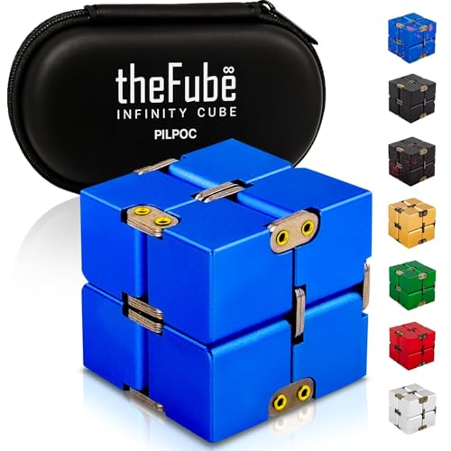 PILPOC theFube Infinity Cube Fidget Desk Toy - Aluminum Infinite Magic Cube with Case, Sturdy, Heavy, Relieve Stress and Anxiety, for ADD, ADHD, OCD (Blue)