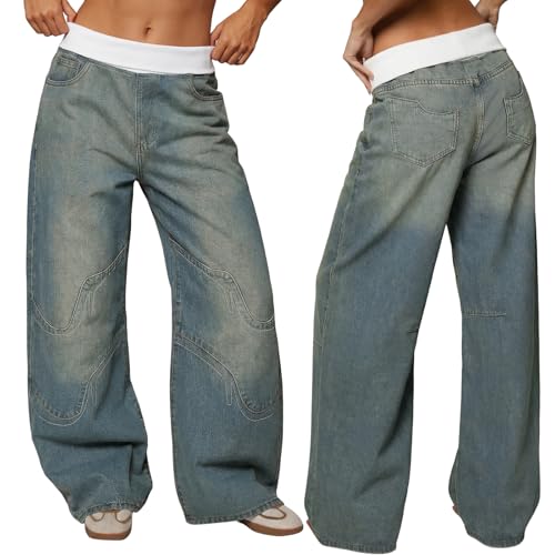 Image of EMMIOL Women Hip Hop 90s Vintage Baggy Jeans Denim Pants Mid Waist Jeans
