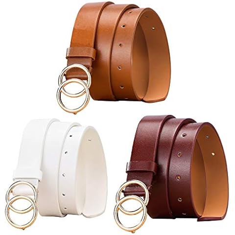 Women Belt,RoadLoo 3 Pack Double-loop Women Leather Belt Fashion Ladies Waist Belt Skinny Wide Elastic Waist Belt Double Ring for Dress Jeans Pants with O-Ring Buckle (Khaki,wine red and white) Cover