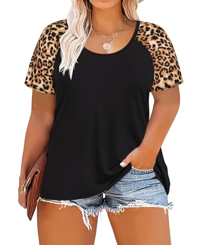 Image of CARCOS Plus Size Tops for Women Short Sleeve Raglan Striped Tee Color Block Crewneck /V Neck Tunic Loose Fit Summer XL-5XL