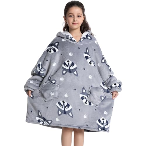 Deserthome Wearable Blanket Hoodie for Kids 6-12YR Oversized Animal Hooded Blanket Super Soft Comfortable Warm Flannel Grey Raccoon