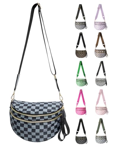 Checkered Nylon Crossbody Bag for Women, Spacious Checkered Bum Bag Purse Shoulder Bag Sling Bag with Shoulder Strap