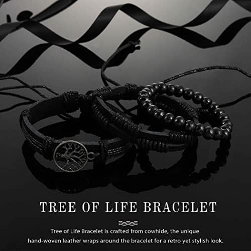 Branets Mens Leather Bracelet for Men Tree of Life Bracelets Braided Punk Goth Vintage Bracelets Beaded Handmade Adjustable Bracelet Rope Wrap Set
