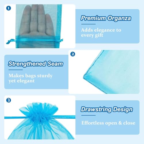Image of Crweety Large Lake Blue Organza Bags 8x12 Inch 50 Pcs, Mesh Gift Bags Drawstring for Jewelry Bracelet Packaging, Premium Sheer Gift Pouch for Wedding Party Favor, Goodie Treat Bag & Graduation Gifts