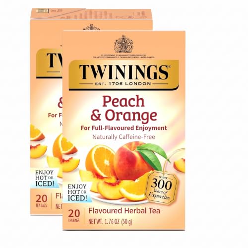 Twinings Peach &amp; Orange Herbal Tea Individually Wrapped Bags, Juicy &amp; Fruity, Naturally Caffeine-Free, Enjoy Hot or Iced, 20 Count (Pack of 2)