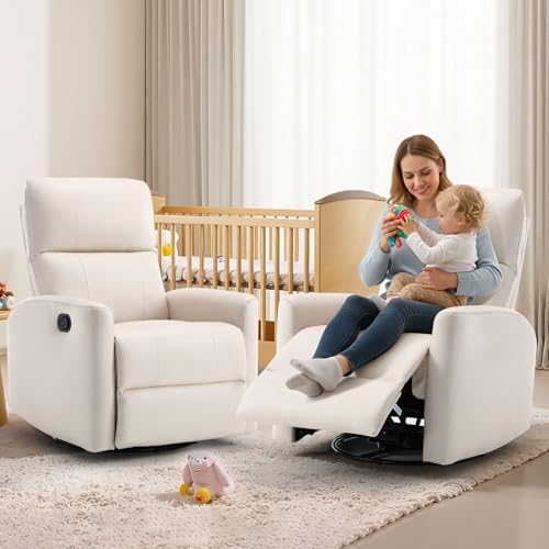 Image of HAOMARKETS Swivel Rocker Recliner Chair Set of 2, Manual Fabric Glider Rocking Recliners for Adults, 360 Swivel Nursery Reclining Sofa with Padded Backrest for Living Room, White