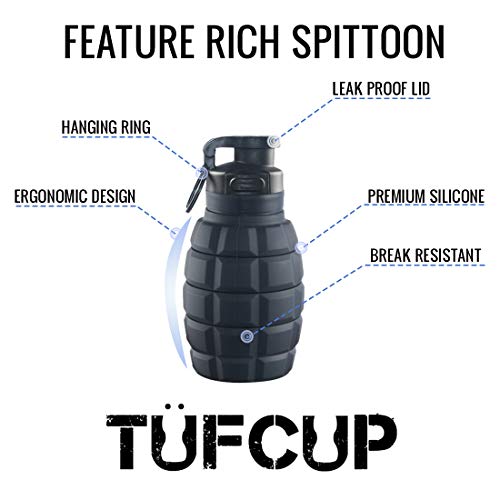 Tufcup Spittoon Bottle for Chewing Tobacco - Reusable Spit Dipping Cup with Lid - Collapsible, Spill Resistant, Leak Proof Travel Spitter - Silicone Body - Fits Most Cup Holders (Grey Grenade)