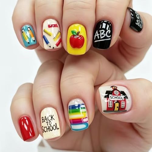 Back to School Press on Nails Short Square Fake Nails Cute School Supplies False Nails with Pencil Ruler Schoolhouse Designs Reusable Stick on Nails for Daily Manicure Teacher Student Gift 24Pcs