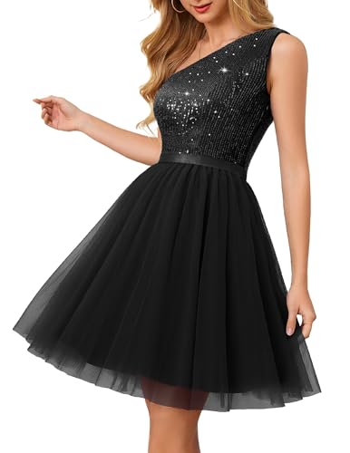 BeryLove Womens Formal Sequin One Shoulder Homecoming Dress Sparkly Short 80s Prom Cocktail Party Tulle Dresses for Teens 2025 Black M