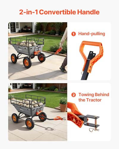 Image of VEVOR Garden Dump Cart 1500lbs 15 Cu.Ft, Heavy Duty Wheelbarrow with Convertible Handle and 16 inch Flat Free Tires, Outdoor Yard Wagon ATV Trailer Dump Cart Tow Behind for Lawn Mower Tractor