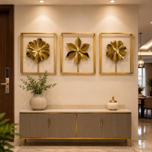 Image of Framing Hub - Metal Flower Wall Decor Set of 3 Gold Iron Leaf Floral Wall Art Decorative Hanging for Living Room Bedroom Home (16 x 16 Inch)