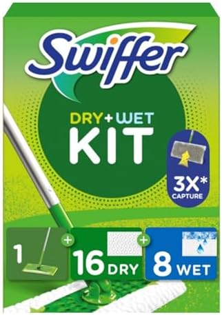 Swiffer Bodenwischer Dry & Wet Starter-Set, 1 Stab, 16 Trockene, 8 Feuchte Bodentücher, Für Eine Schnelle & Einfache Reinigung von Hartböden