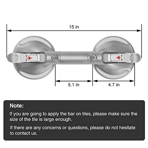 Dailylife Suction Cup Grab Bar Bathroom, Tool Free Shower Handle, Portable Grab Handle For Bathtub, Safety Rail For Handicap Elderly Senior, Quick (Dis) Assemble, Heavy Duty (253 Lb), 15 Inch Silver #TOP4