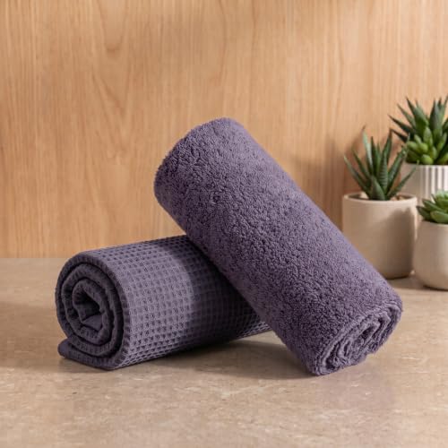 Image of Mush Bamboo Dual Texture Waffle Terry Hand Towel Set of 2 | Ultra Soft, Highly Absorbent, Quick Dry | Hand Towels for Bathroom, Gym & Travel (40x60 cm, 450 GSM) Ash Grey